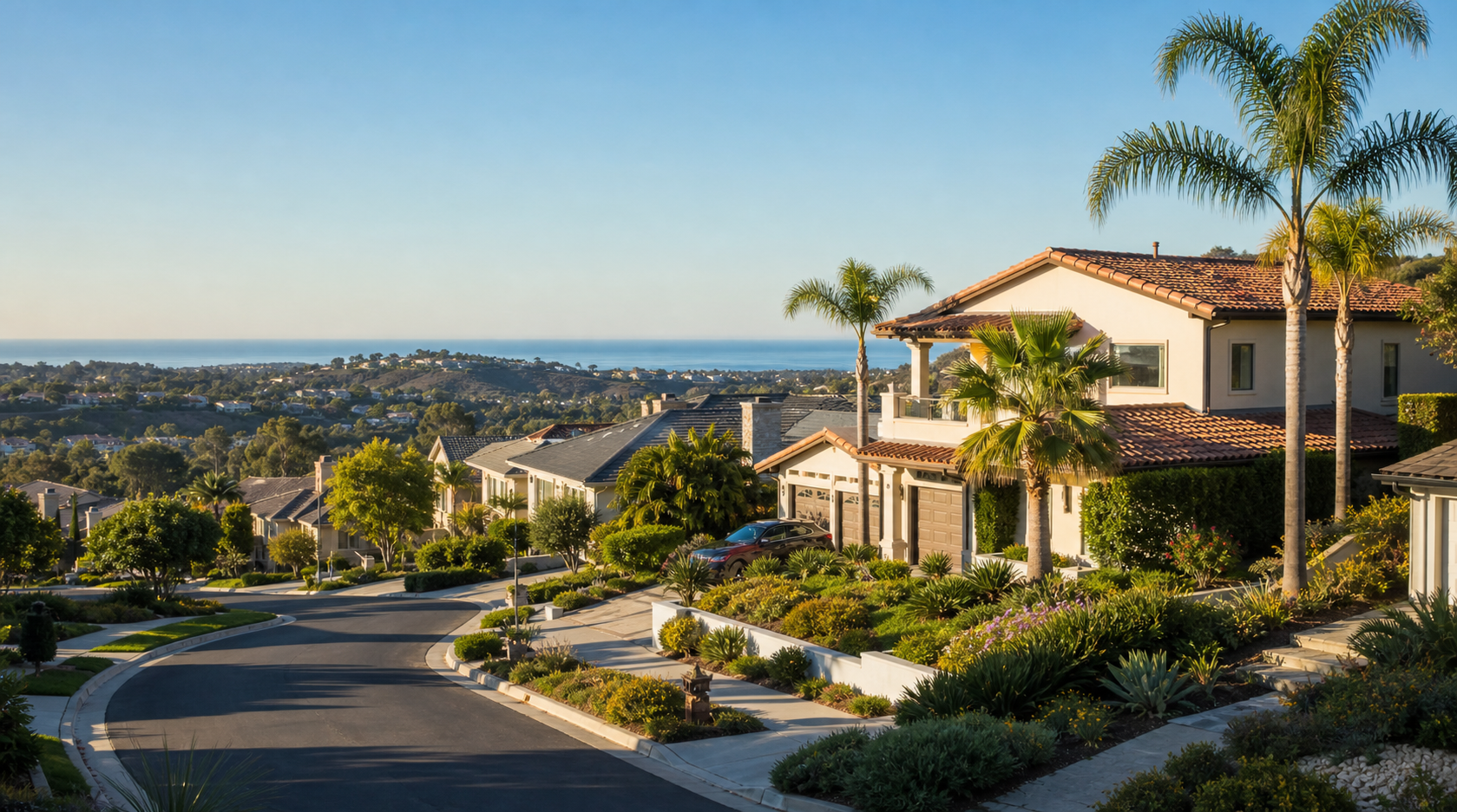 North County San Diego neighborhood with homes, palms, and hills