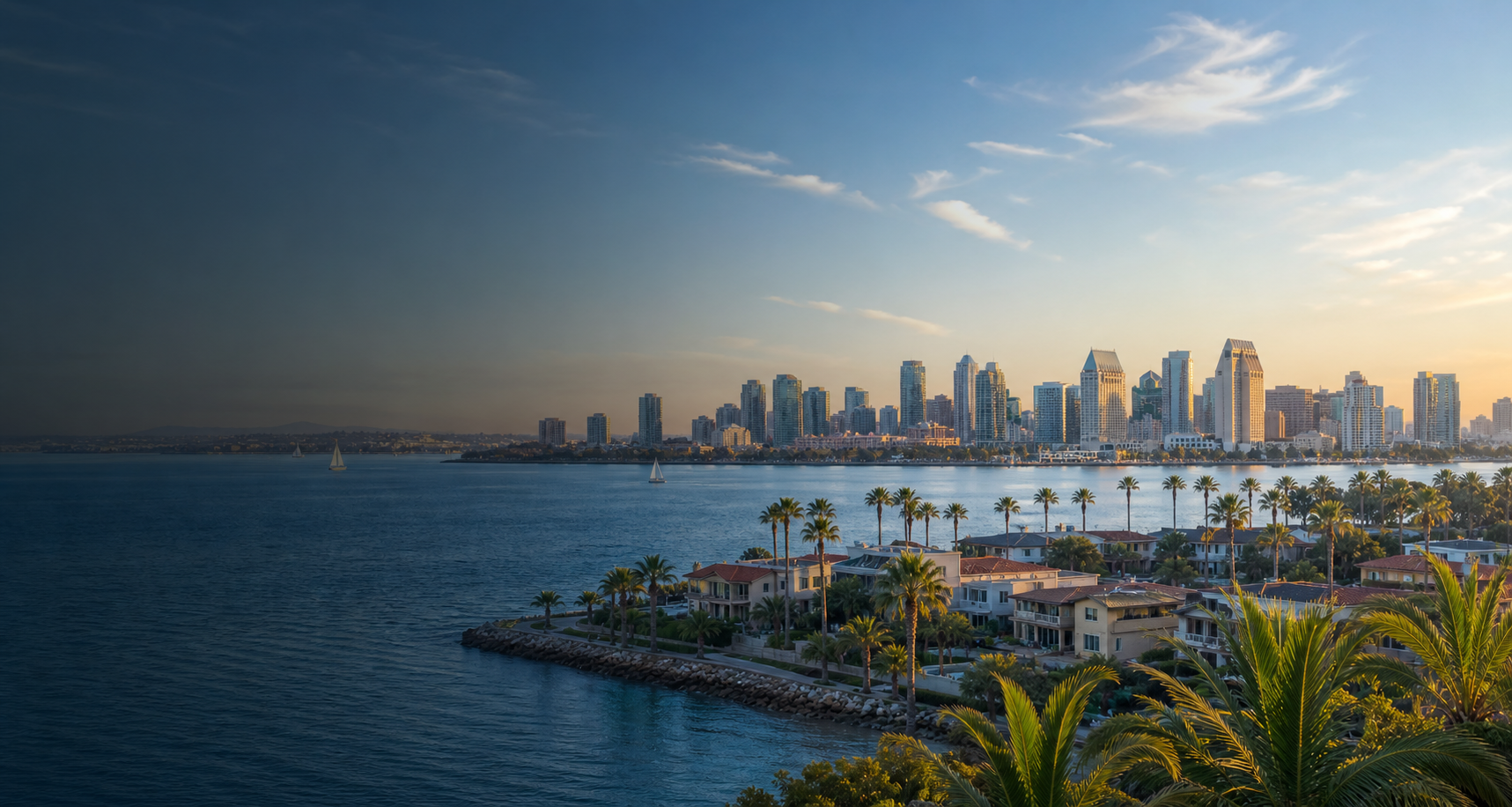 San Diego bay, skyline, and coastal homes