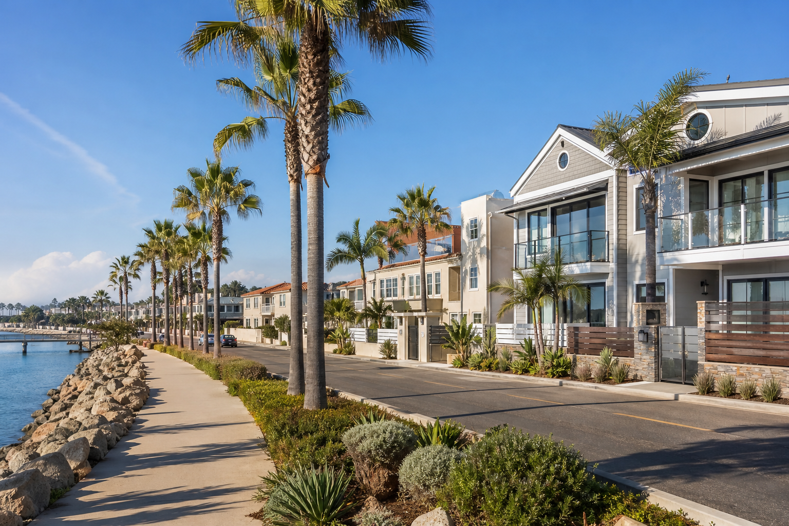 South Bay San Diego neighborhood with bay water, homes, and palm trees
